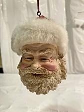 Resin SANTA CLAUS Face Head w Red Hat Glitter Faux Fur Xmas Ornament Decor 4"