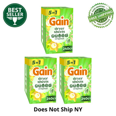 (3 Pack) Gain Original Scent Dryer Sheets, 240 Count, Fabric Softener Bundle