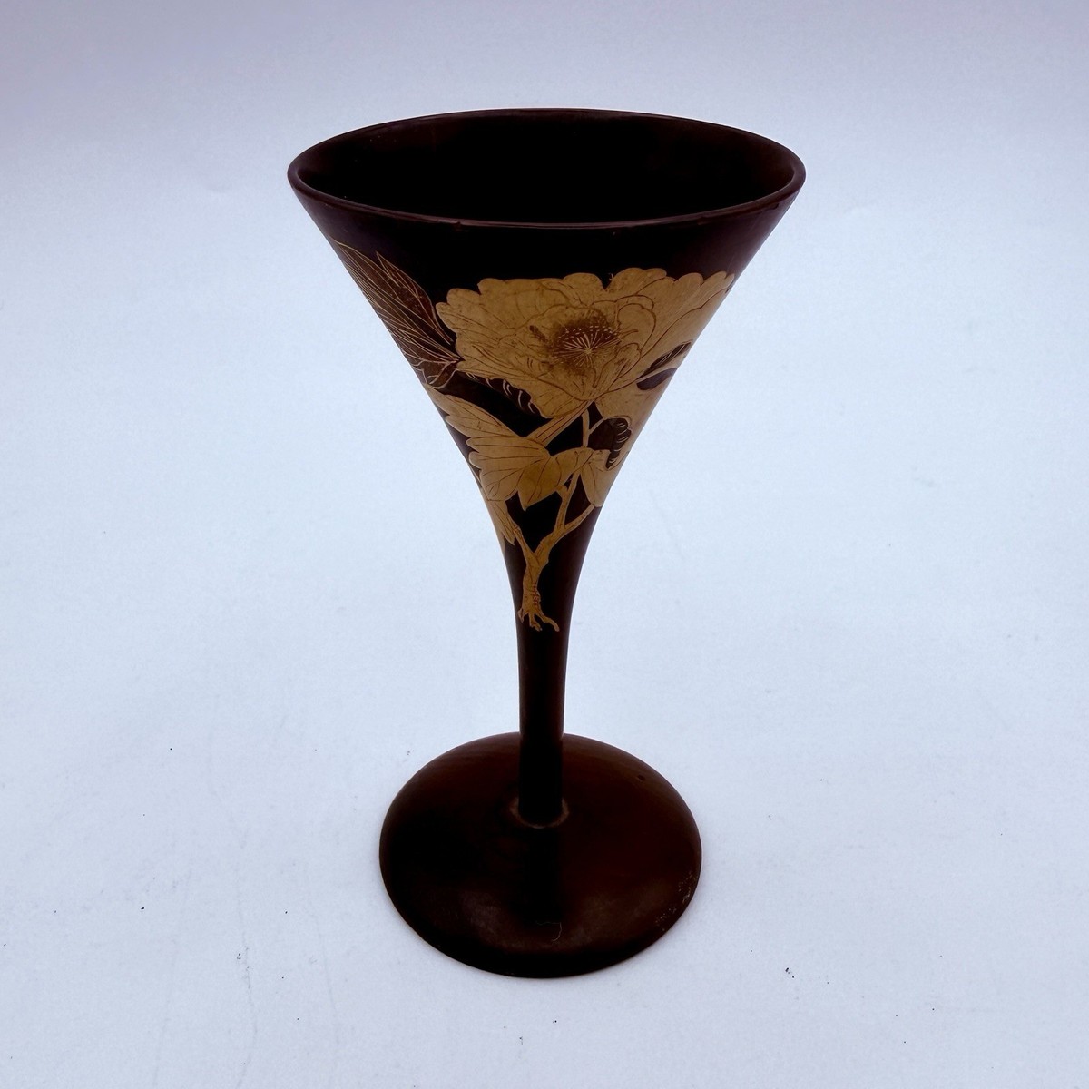 Vintage Japanese Lacquerware Stemmed Cup Brown Gold Flower Peony