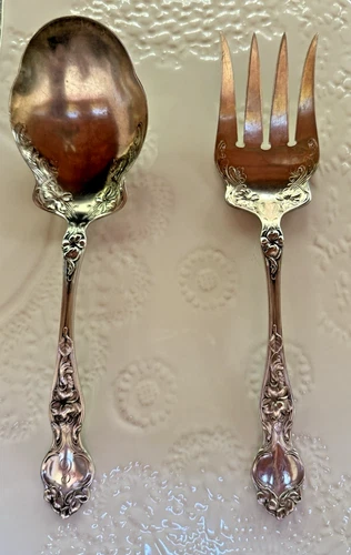 Antique Wallace Sterling Silver Violet Pattern Salad Serving Set, 148 Grams
