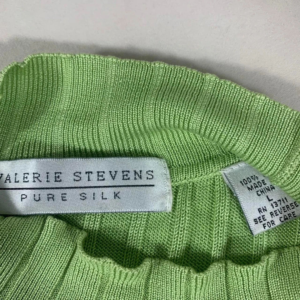 Vintage Valerie Stevens pura seda años 90 verde acanalado cuello alto Foto 3 de 3