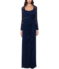 XSCAPE Womens Lace-Sleeve Side-Ruching Gown Dress