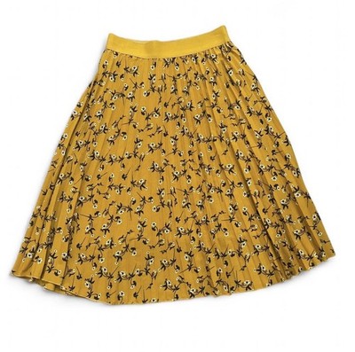 Andi + James Yellow Floral Pleaded Lined Midi Skirt Size Large 