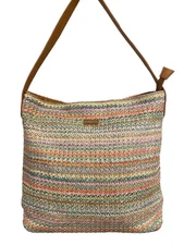 SUN N’ SAND Tote Bag Woven Straw Raffia Bucket Beach Hand Purse Pastels Strip