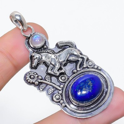 Lapis Lazuli & Moonstone Gemstone 925 Sterling Silver Pendant Size 2.6''
