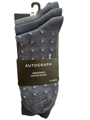 M AND S AUTOGRAPH M&S Mens Socks Autograph 6-8.5 Mercerised Cotton Blend 3 Pair Blue Grey Patent