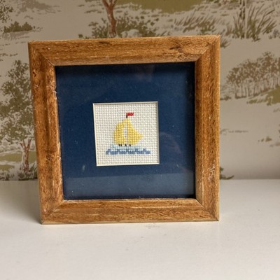 Small 5.5x5.5  Square Frame Sailboat Needlepoint Lake House Bathroom Decor