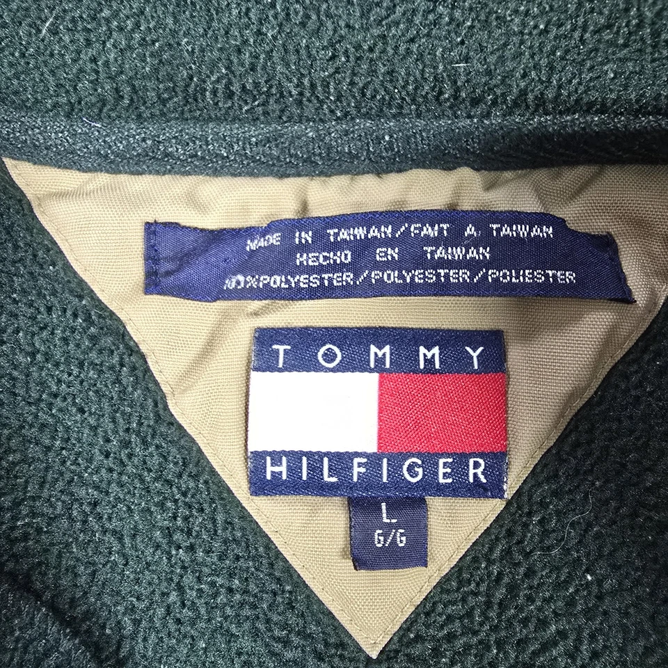 Pulôver masculino vintage Tommy Hilfiger grande verde lã quarto de zíper ao ar livre anos 90 - Imagem 4 de 4