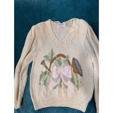Vintage Marisa Christina Hand Knitted Lace Collar Sweater Pink Bow Cream Small