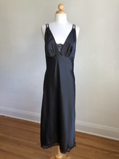 BEAUTIFUL VTG CINEMA ETOILE Black Satin Lace Full-length Nightgown Lingerie M
