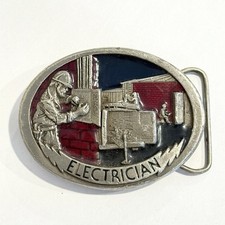 C J Belt Buckle Electrician Silver Red Blue Tone Oval Electric Work Men s