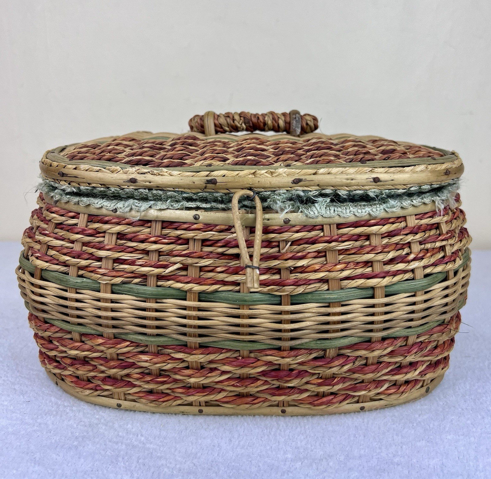 Vintage Sewing Basket Faux Ratan Wicker Sea Foam Green Satin Lining Japan 10.5”
