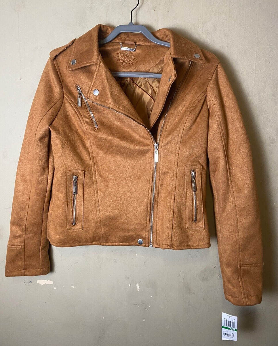 Jou Jou Brendy Brown Faux-Suede Moto Jacket Size Large-NWT