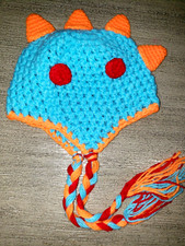 toddler boys DINOSAUR KNIT WINTER HAT SCALES orange blue HAND MADE so cute