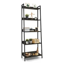 CAPHAUS 5 Tier Ladder Bookshelf 24 Inch Wide Industrial Black Wooden Storage