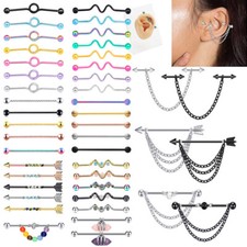 1PC Industrial Barbell Earring Surgical Steel Cartilage Piercing Multistyle 14G