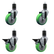 4 Inch Green Poly Wheel Swivel 1-5/8 Inch Expanding Stem Caster Set 2 Brakes SCC