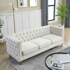 3 Seater Chesterfield Velvet Sofa Button Tufted Couch Nailhead Trim Metal Legs