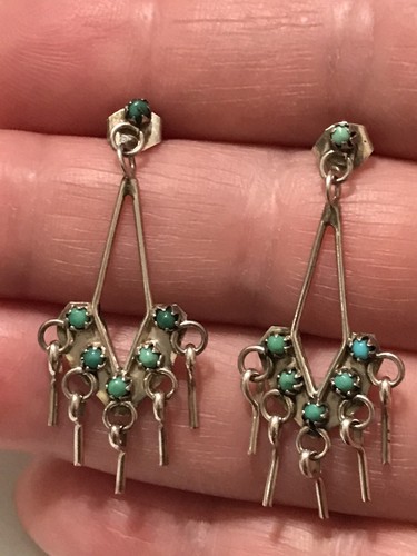 STERLING SILVER ZUNI NATIVE AMERICAN EARRINGS TURQUOISE GEMSTONE