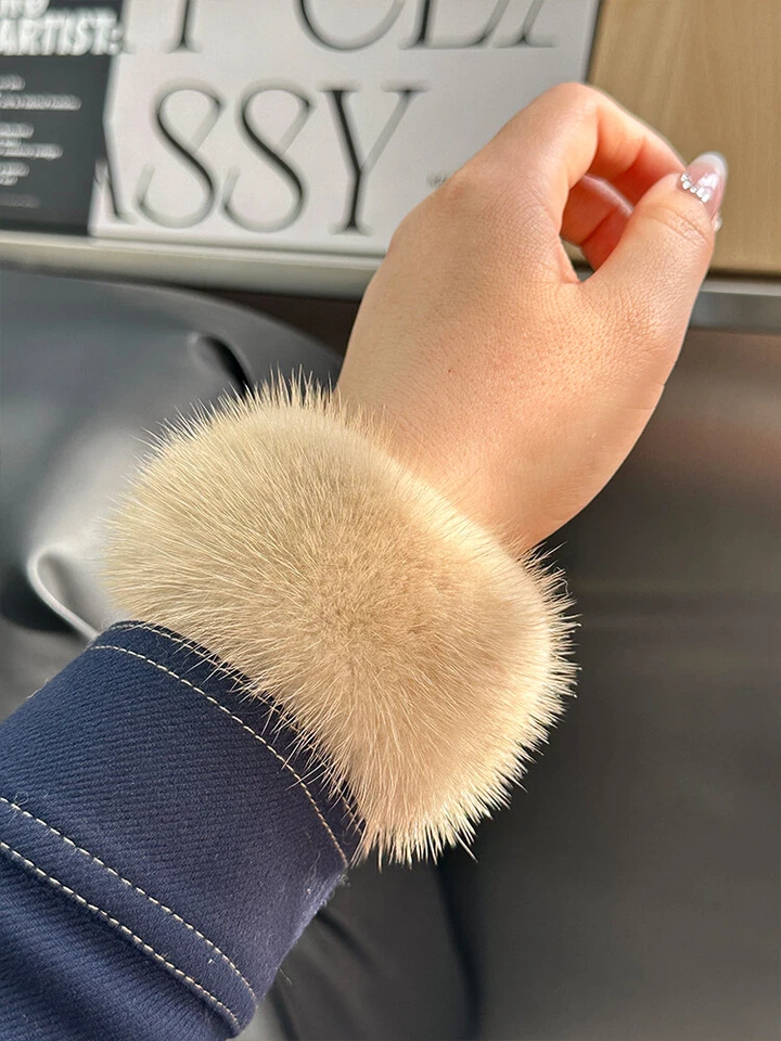One Pair Cuffs Fingerless Stretch Real Mink Fur Gloves Sleeves Wrist Mittens - Image 3 of 4
