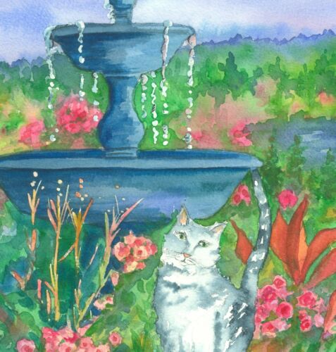 White Cat Original Watercolor Painting Water Fountain Flower Garden Pond  - Picture 1 of 2