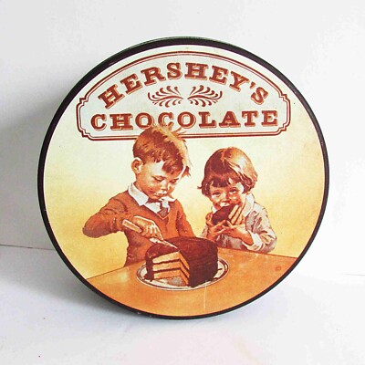 Hershey s Chocolate Metal Round Empty Tin Boy Girl Eat Cake Vtg 2.75 x 7 FREE SH