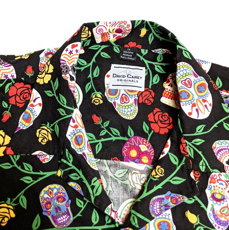 David Carey Originals Day of the Dead Sugar Skulls Hawaiian Shirt Size 2XL - Image 3 of 4