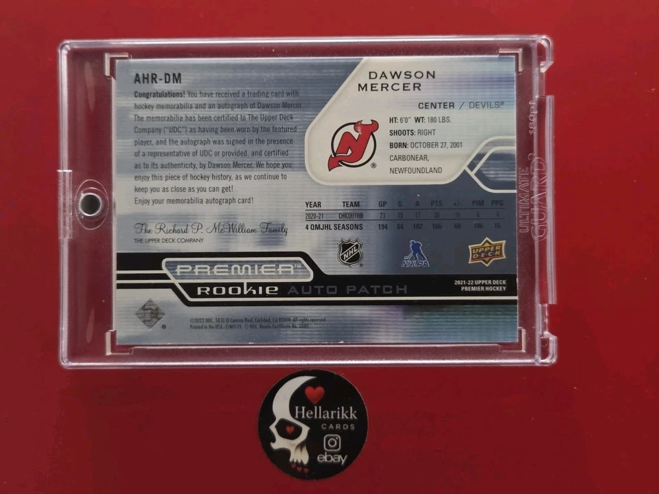 2021-22 Dawson Mercer 1 of 1 Premier Rookie Auto Patch 1/1 #AHR-DM RC UD Devils - Image 2 of 3