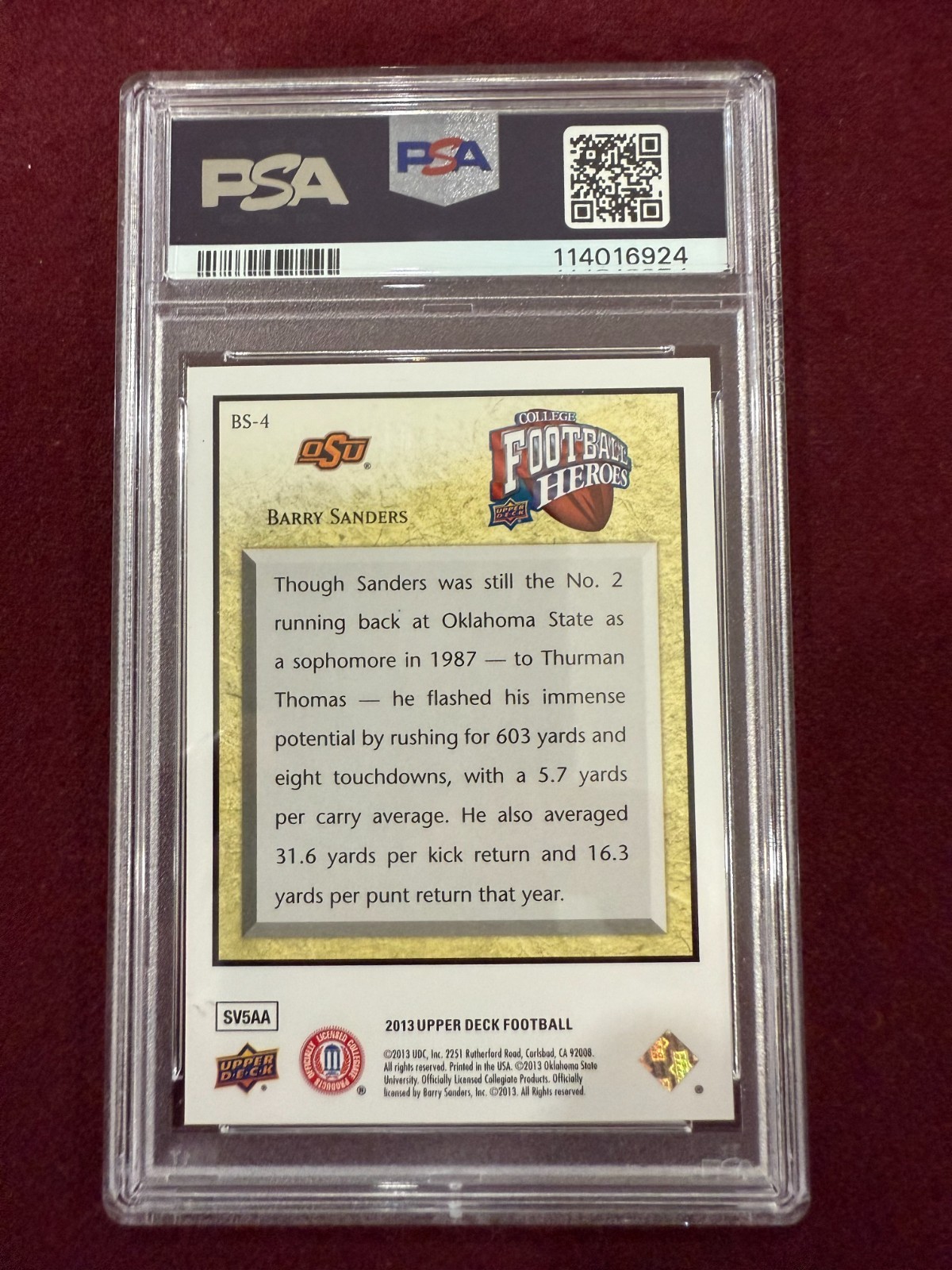 Barry Sanders 2013 Upper Deck College Football Heroes PSA 10 Gem Mt view 2