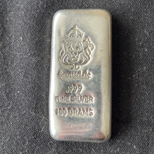 100 Gram Cast Silver Bar by Scottsdale Mint .999 Silver Bullion - 100g  3.215 oz