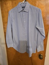 Chaps Boys L 14-16 Striped Stretch Blue White Long Sleeve Button-Up Dress Shirt
