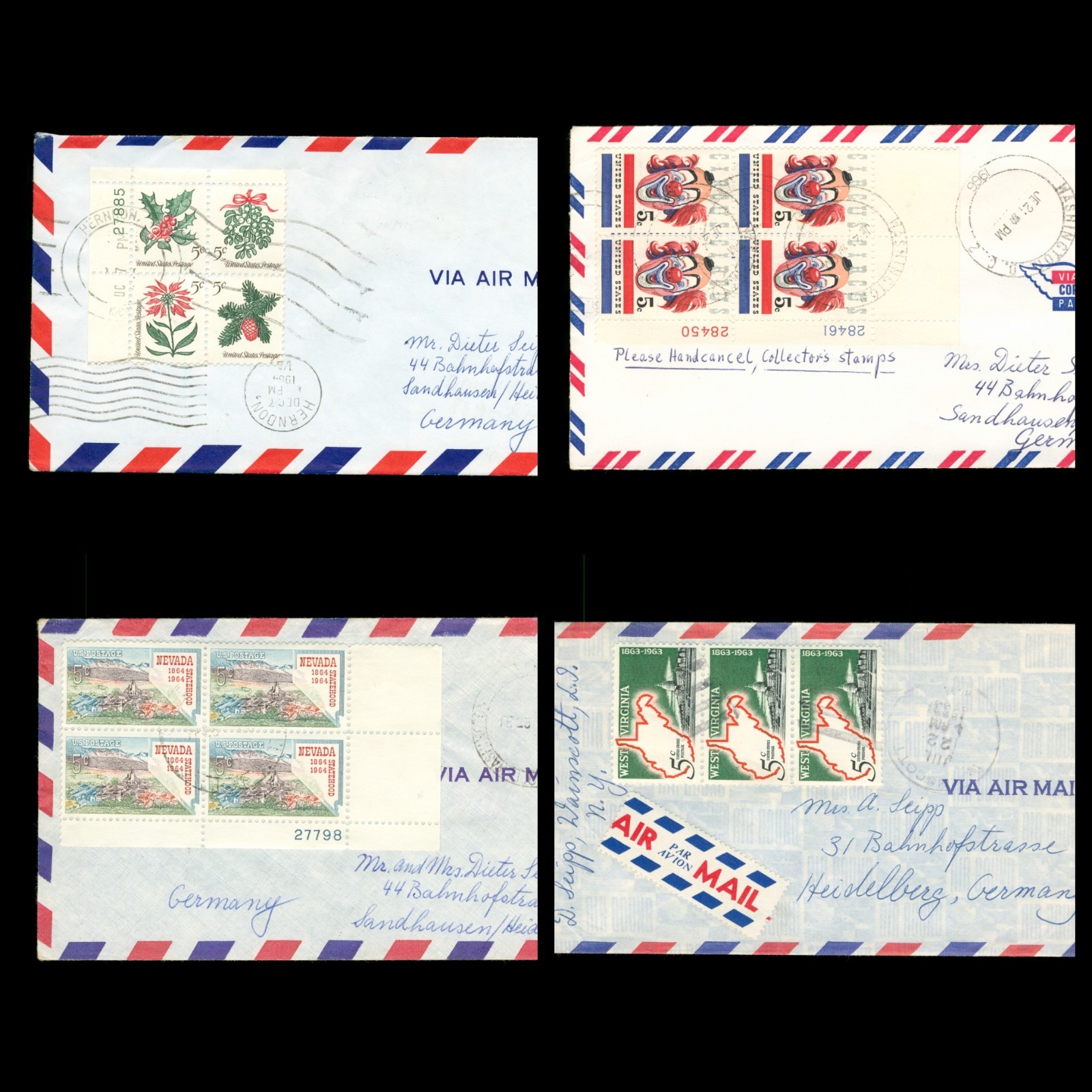 USA 1963-1966 4x lettere posta aerea lotto placche blocchi margini per Germania