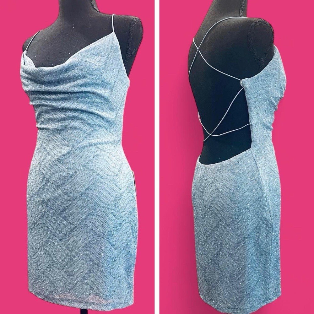 blue shimmer bodycon dress Windsor Light Mini L Open Back Strappy Cowl Neck NWT royal blue homecoming dress