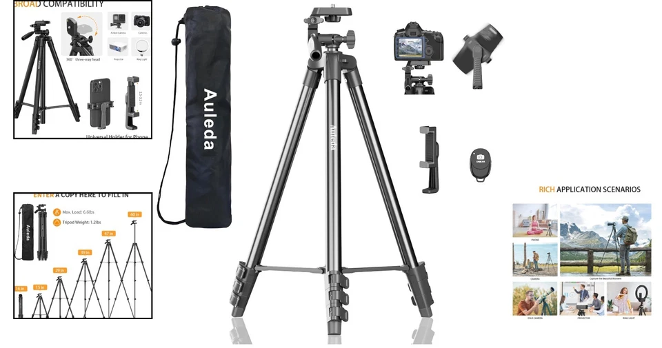 60″ Camera Tripod Stand Compatible with Canon Nikon DSLR Cameras Max Load 6.6 LB - Image 2 of 4
