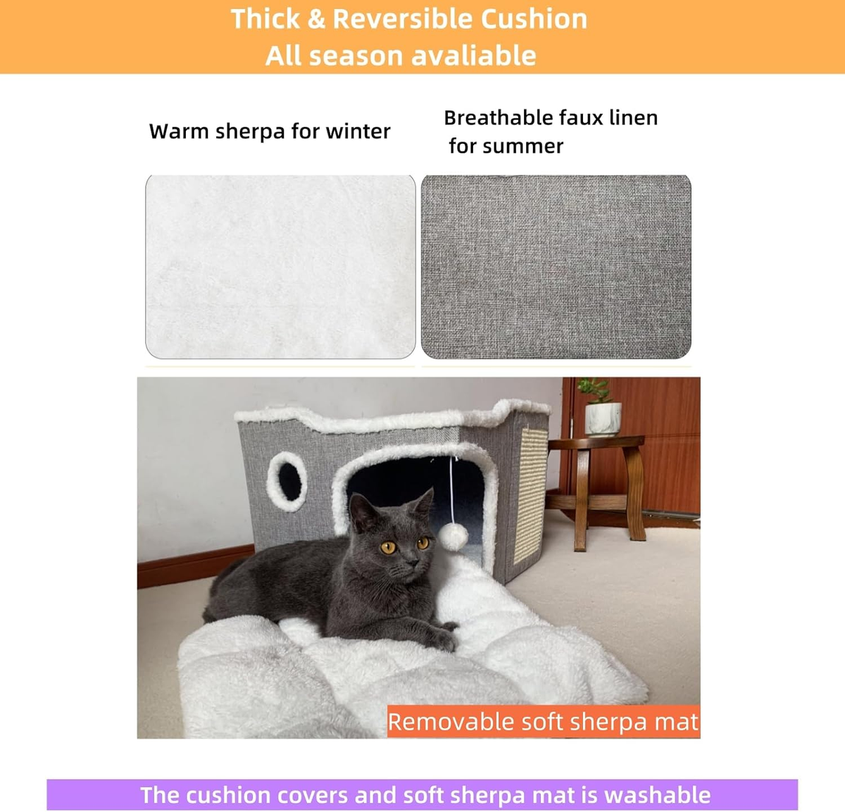 MUYG Covered Cat Bed Cube House With Scratch Pad - Large Foldable Hideaway For Indoor Cats (Navy Blue) - View #4