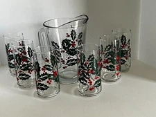 CRISA HOLLY & BERRY  Pitcher & 6 Glasses Vintage