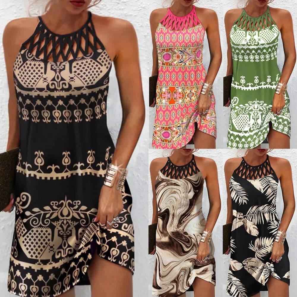 Ladies Summer Beach Boho Dresses Sundress Holiday Hollow Halter Neck Mini  Dress | eBay