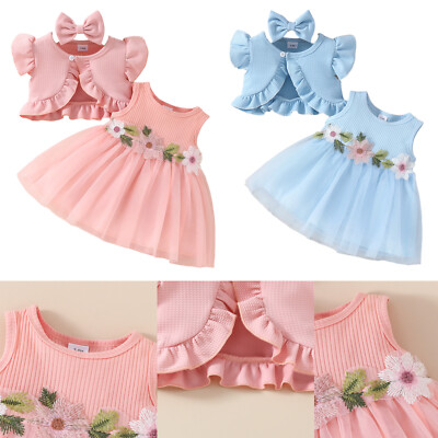 Baby Girl 3-Piece Dress Set - Flower Tulle Dress With Cardigan & Headband