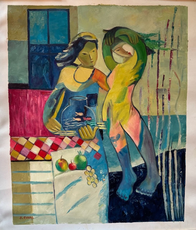 Vintage Abstract Figural Women Painting Modern Art Wall Hanging Signed