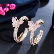 Gold Plated Pink Butterfly Hoop Earrings Cubic Zirconia Party Jewelry Women Gift