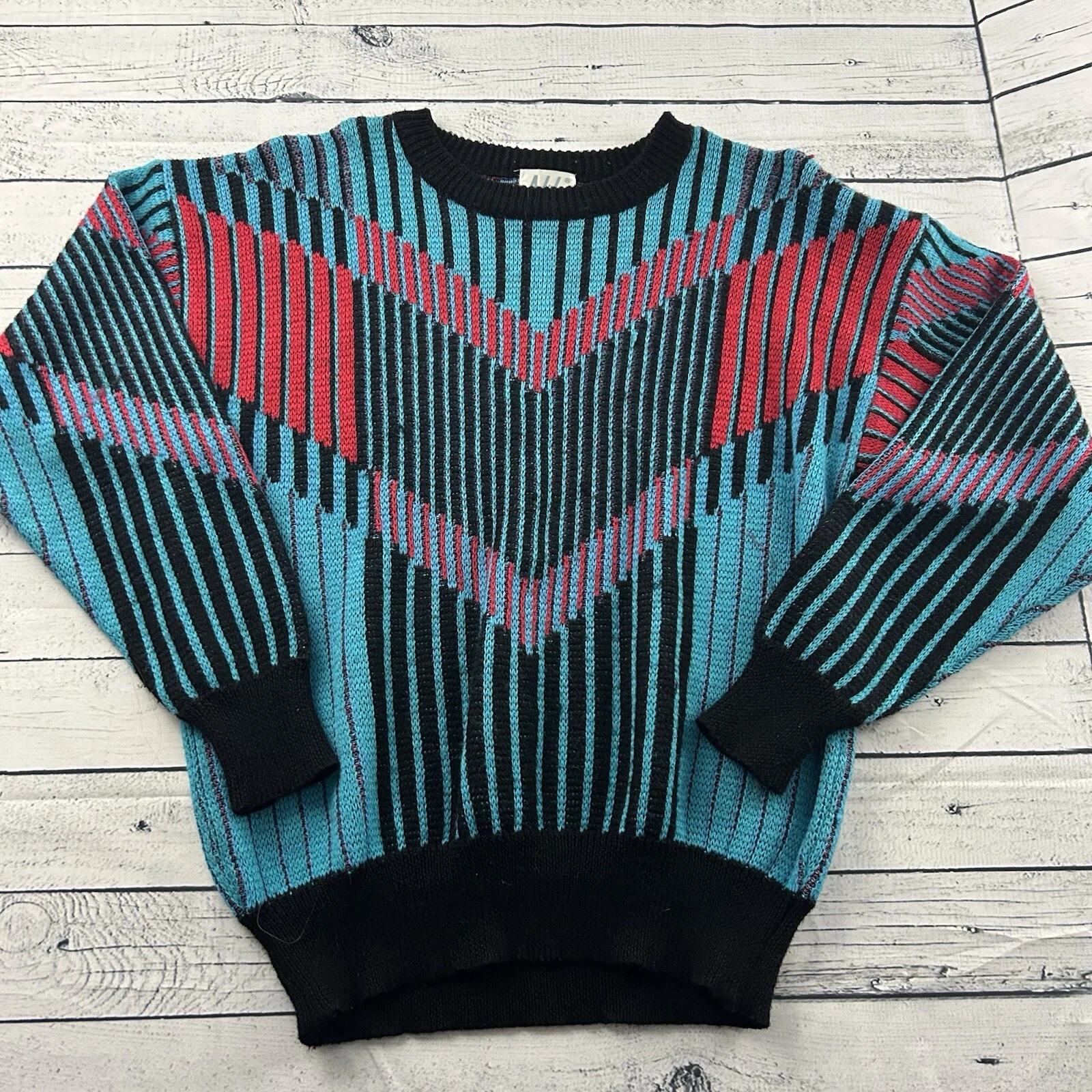 Vintage Nils Wool Pullover Sweater Men's Medium Black Blue Abstract Geometric