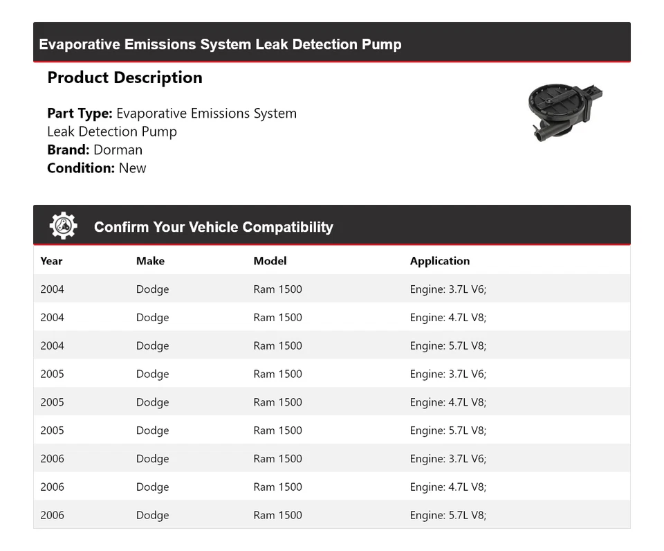 Насос обнаружения утечек для Dodge Ram 1500 Dorman Evap 2004-2006 годов выпуска 2005 - Изображение 2 из 4