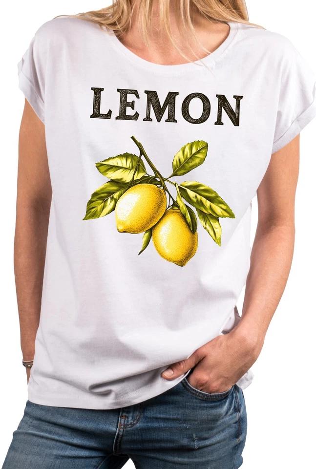 Damen Shirt mit Zitronen Print Lemon Zitronenmuster Aufdruck Zitrone Kurzarm Top - Bild 1 von 1