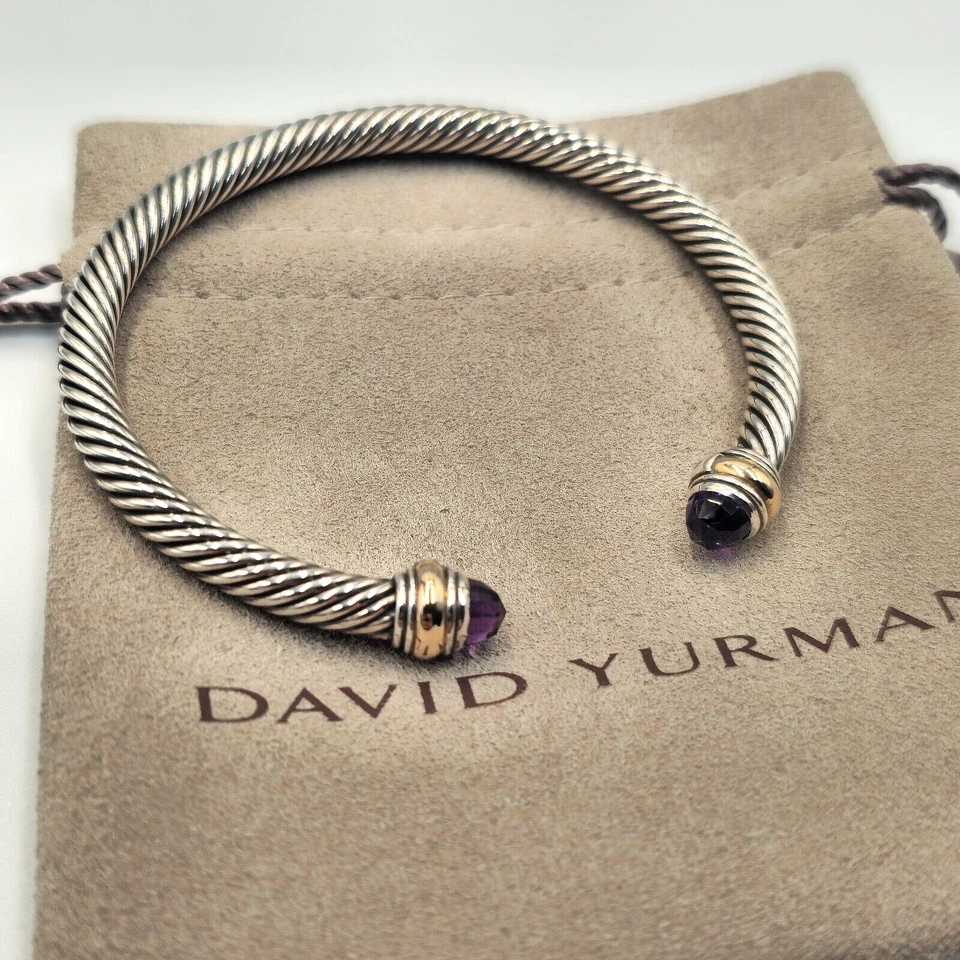 David Yurman Sterling Silver 925 & 14k Gold 5mm Cable Amethyst Cuff Bracelet - Image 3 of 4
