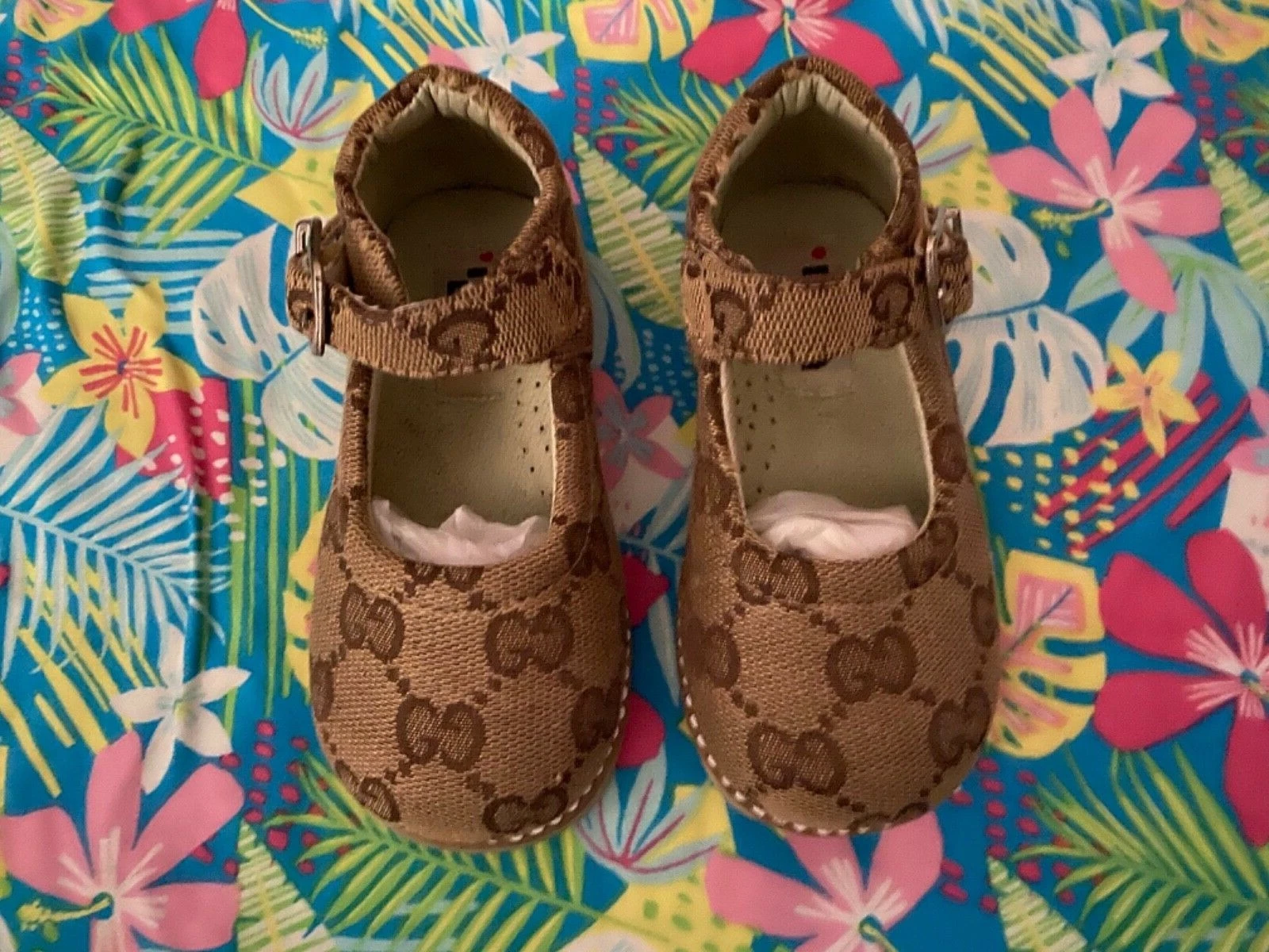 Boucle de chaussures Gucci fille toile beige ébène TOUT NEUF