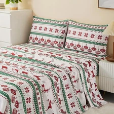 Soft Microfiber Sheets, Print Christmas Holidays Pattern, 4-Piece Set (1 Fitt...