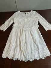 White Lace Embroidered Boho Dress Size 8 Crochet Scallop Hem Skater Lined