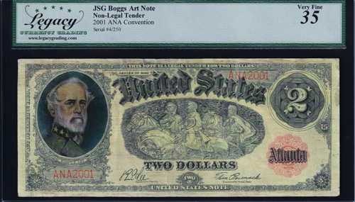 USPC PRUSMACK $2 $ ART FOR 2001 ANA CONVENTION BUT CERT AS BOGGS  (4/250)  VF35 - Picture 1 of 4