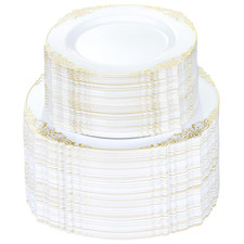 Bestluck 200 PCS White and Gold Plastic Plates for 100 Guests, 200 PCS,