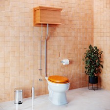 Light Oak Flat High Tank Pull Chain Toilet with White Round Bowl Satin L-Pipe